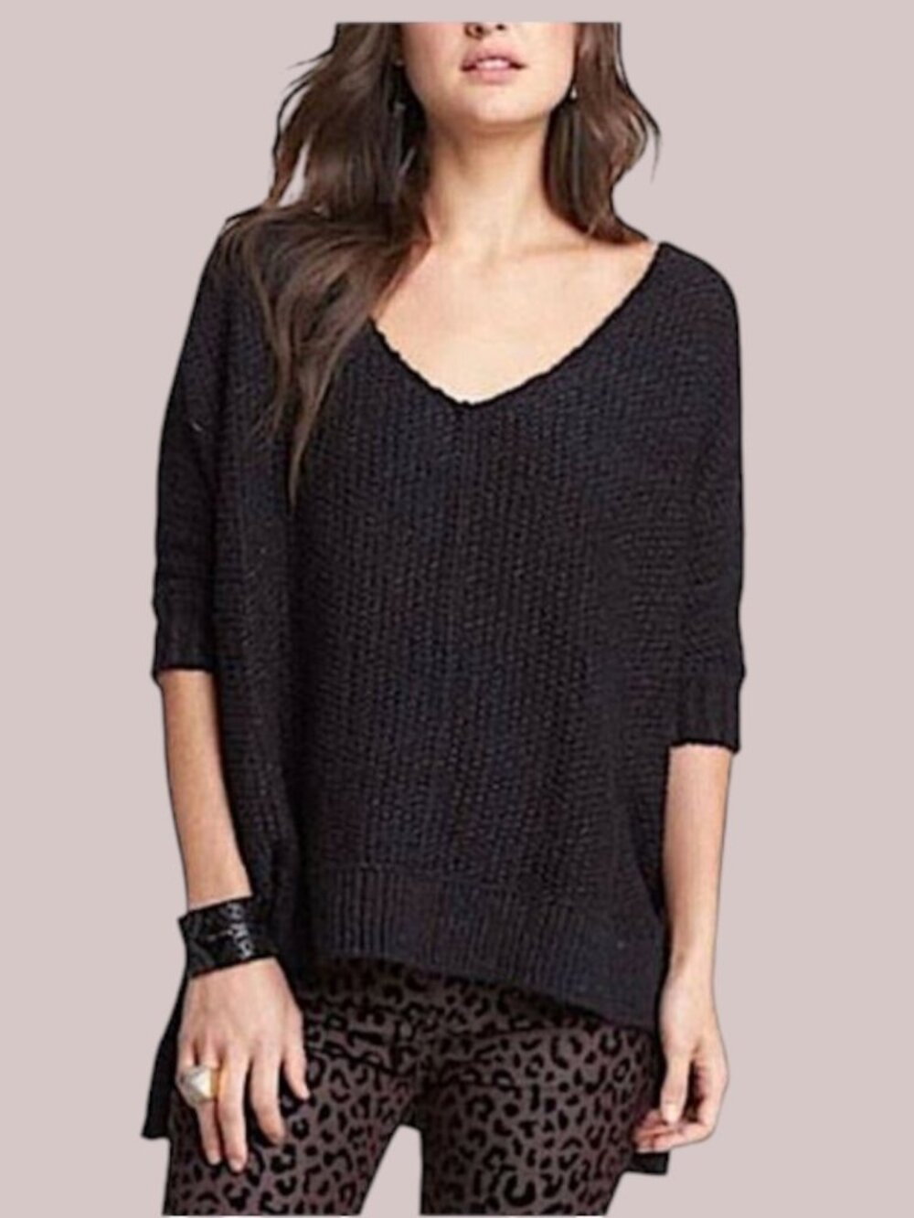 Free People Cozy Cat Open Chunky Knit Half Sleeve Oversized Black Sweater Sm EUC